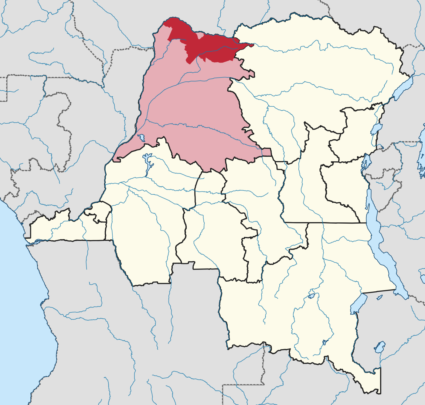 Map of Congo highlighting Nord-Ubangi, which borders the Central African Republic