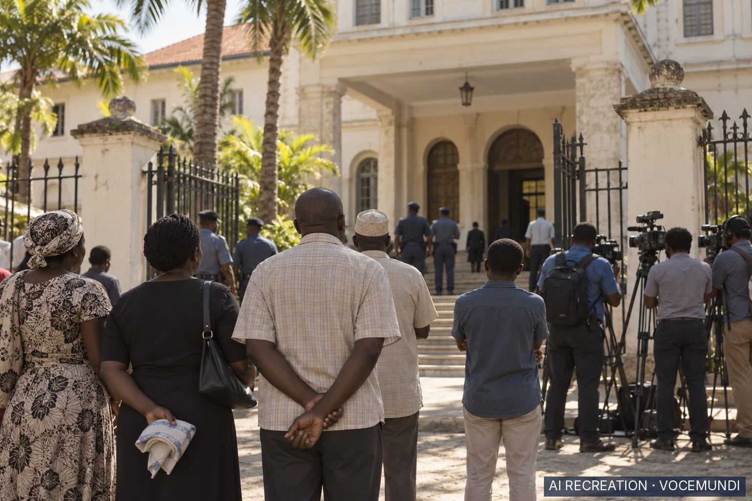 AI recreation: relatives and journalists wait outside Mombasa High Court ahead of the Shakahola murder trial verdict.