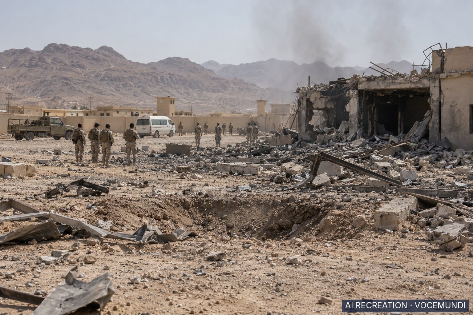AI recreation: smoke rises over damaged buildings at a government military training camp in Shabwa, Yemen.