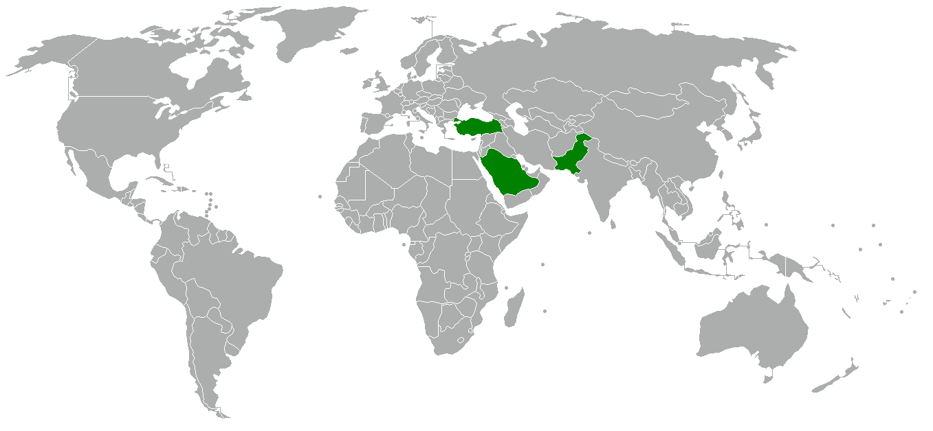 Map highlighting Turkey, Saudi Arabia and Pakistan in green
