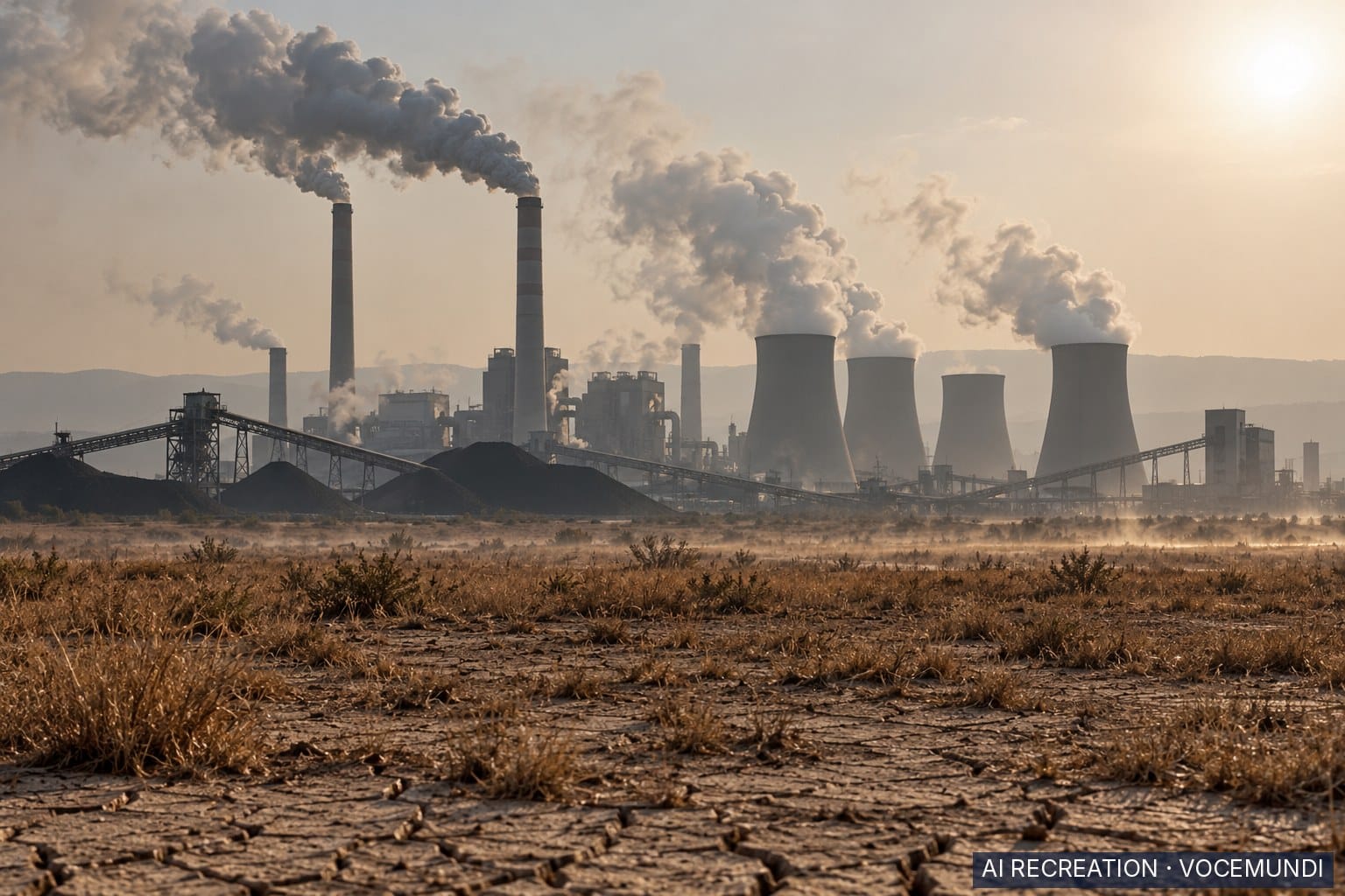 AI recreation: a coal power station emits smoke over parched land, illustrating rising global emissions and warming.