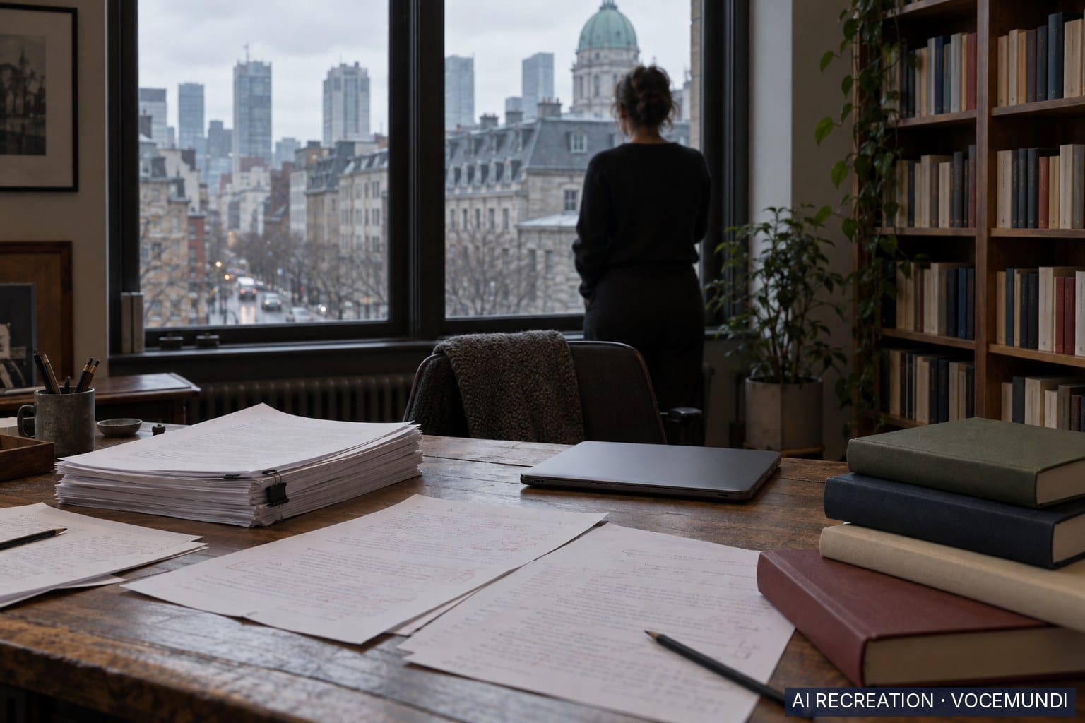 AI recreation: manuscript drafts and novels on a publisher's desk as an editor looks out the window.