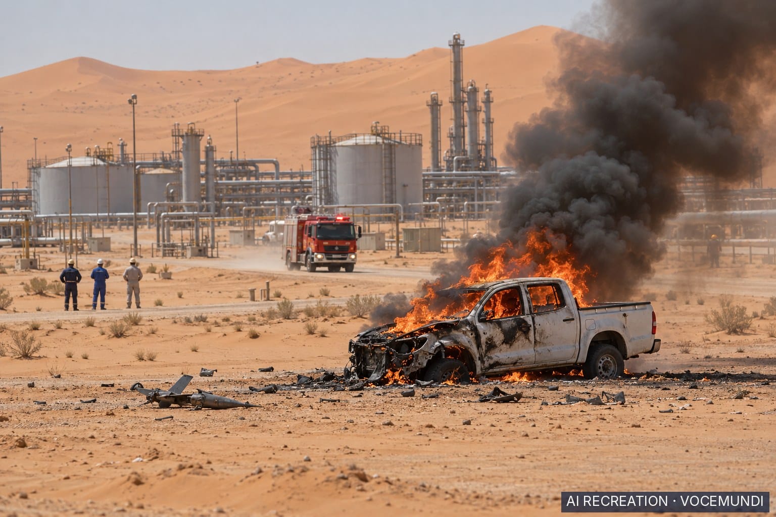 AI recreation: a contractor's vehicle burns after falling drone debris at a desert Saudi oil field.