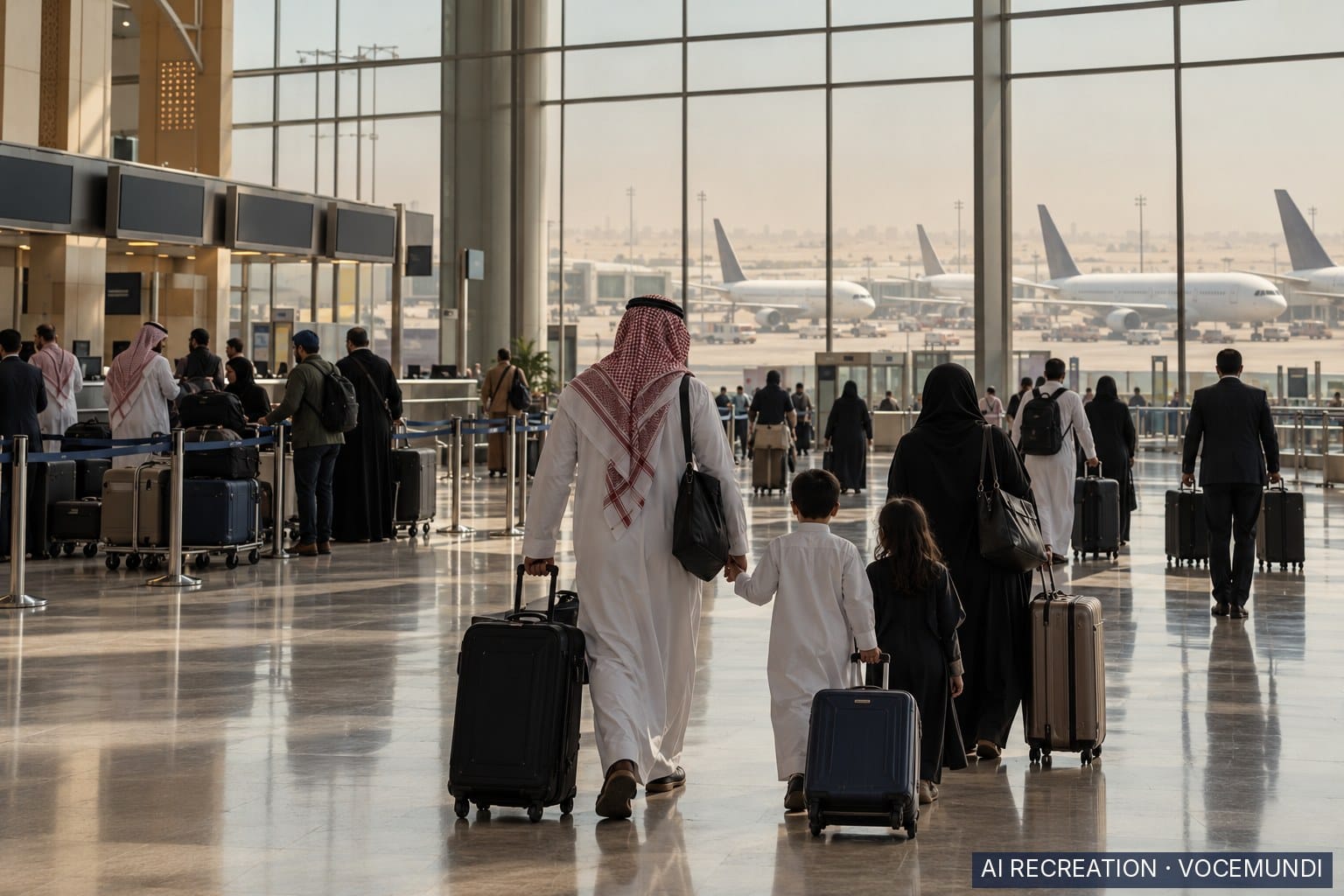 AI recreation: US government staff and families leave Saudi Arabia through Riyadh airport after departure order.