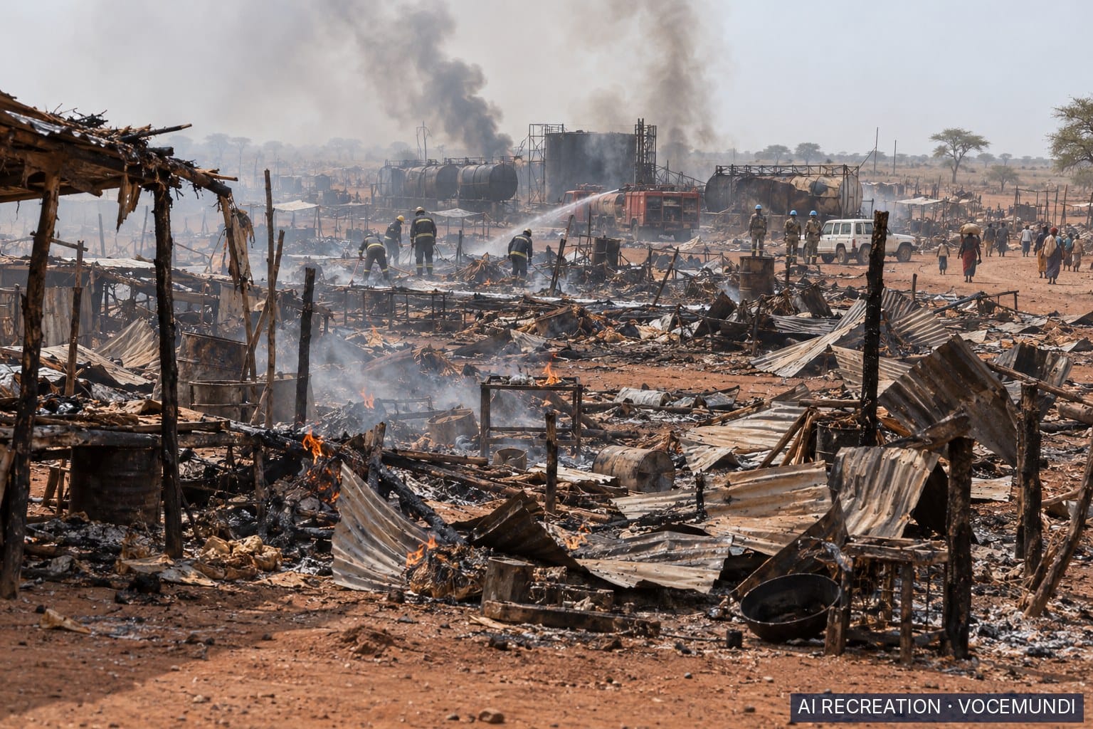 AI recreation: smouldering ruins of Amiet market and fuel depot in Abyei as emergency teams search debris.