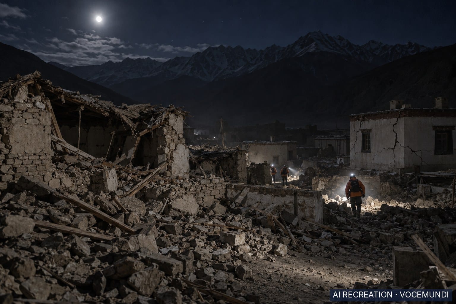 AI recreation: collapsed houses and cracked buildings at night in a mountainous Tibetan township after the earthquake.