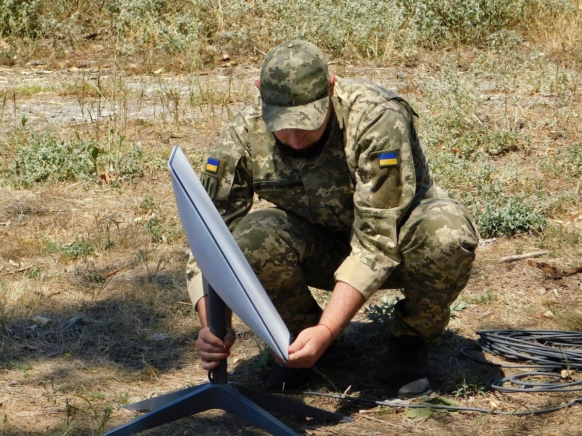File photo: Ukrainian Support Forces soldier installing a Starlink terminal