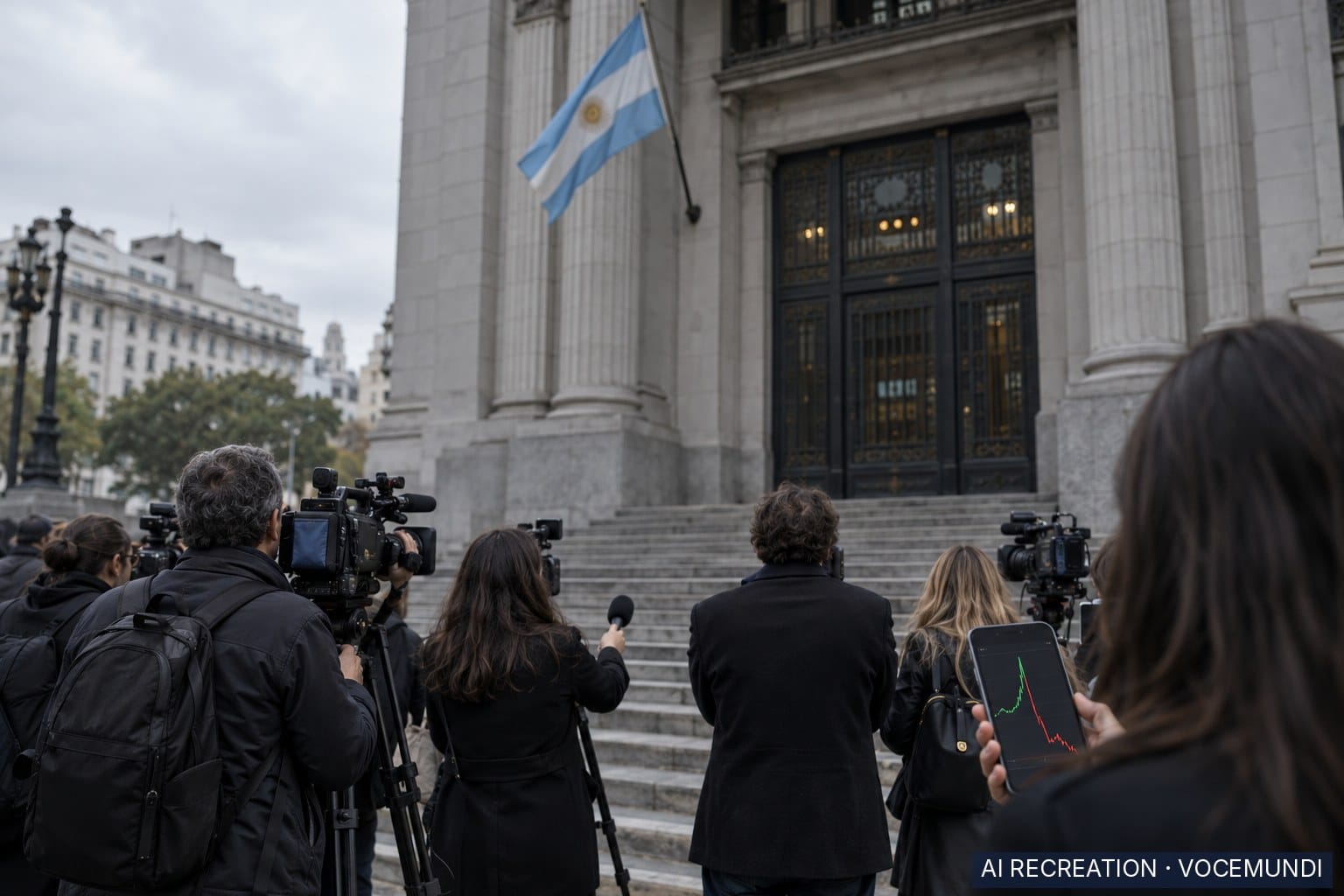 AI recreation: journalists outside an Argentine federal courthouse after the $Libra crypto case against Milei was dropped.