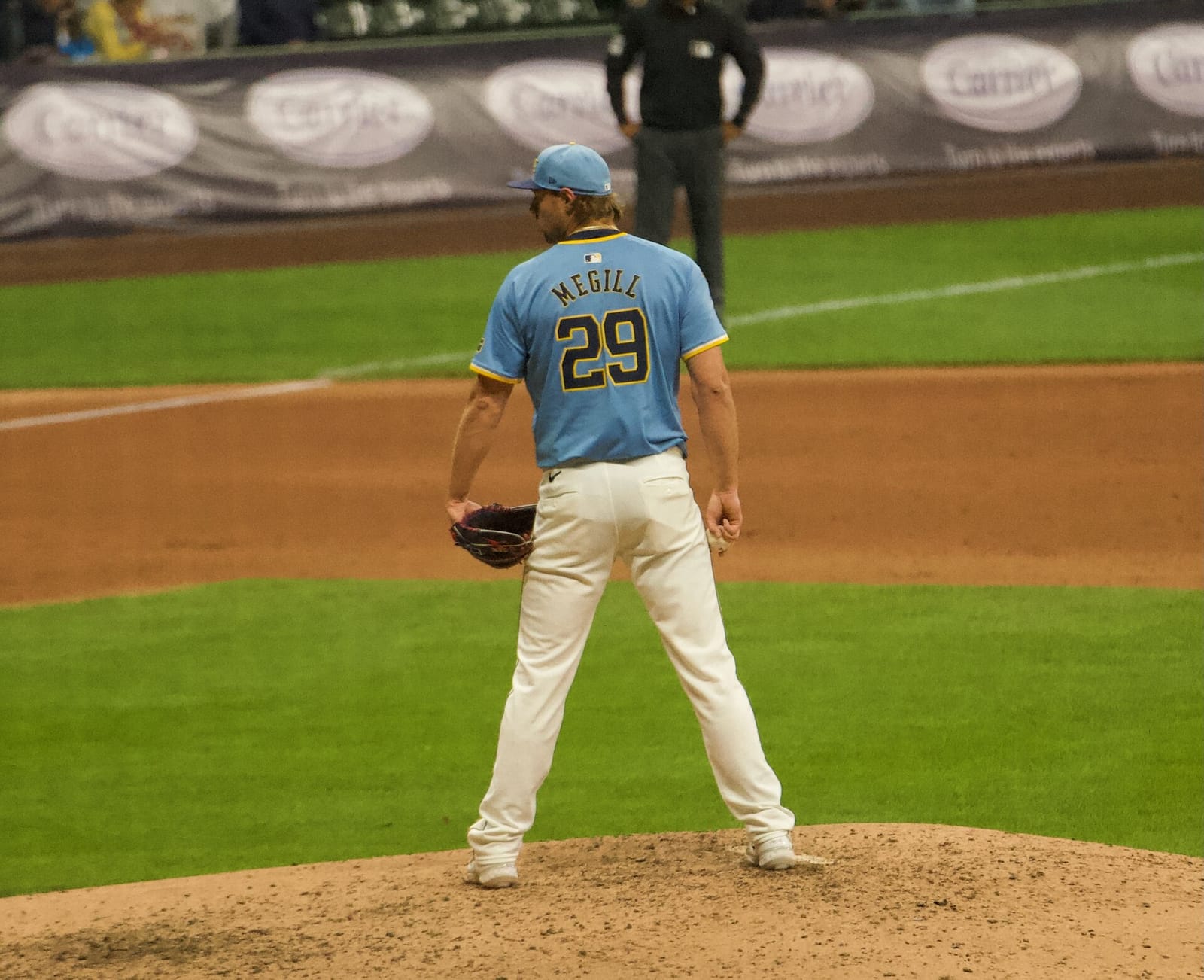 File photo: Brewers closer Trevor Megill pitching against the Padres, June 2025
