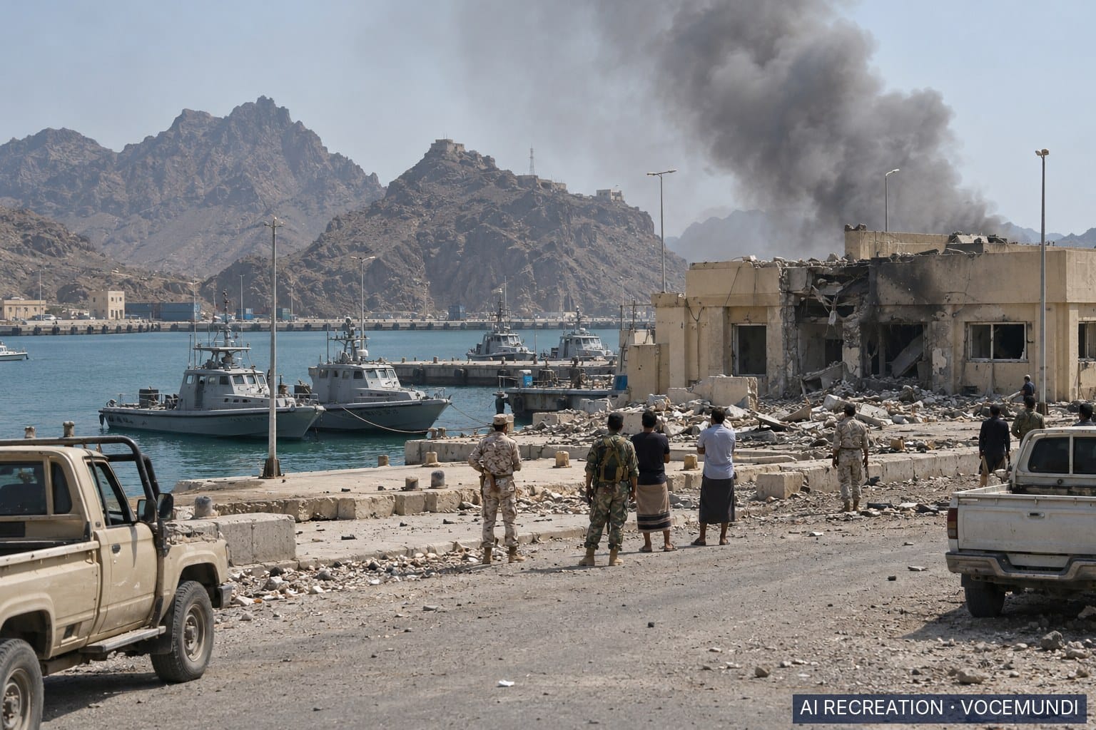 AI recreation: smoke rises over a coast guard building in Aden's Tawahi district after reported Houthi missile strikes.