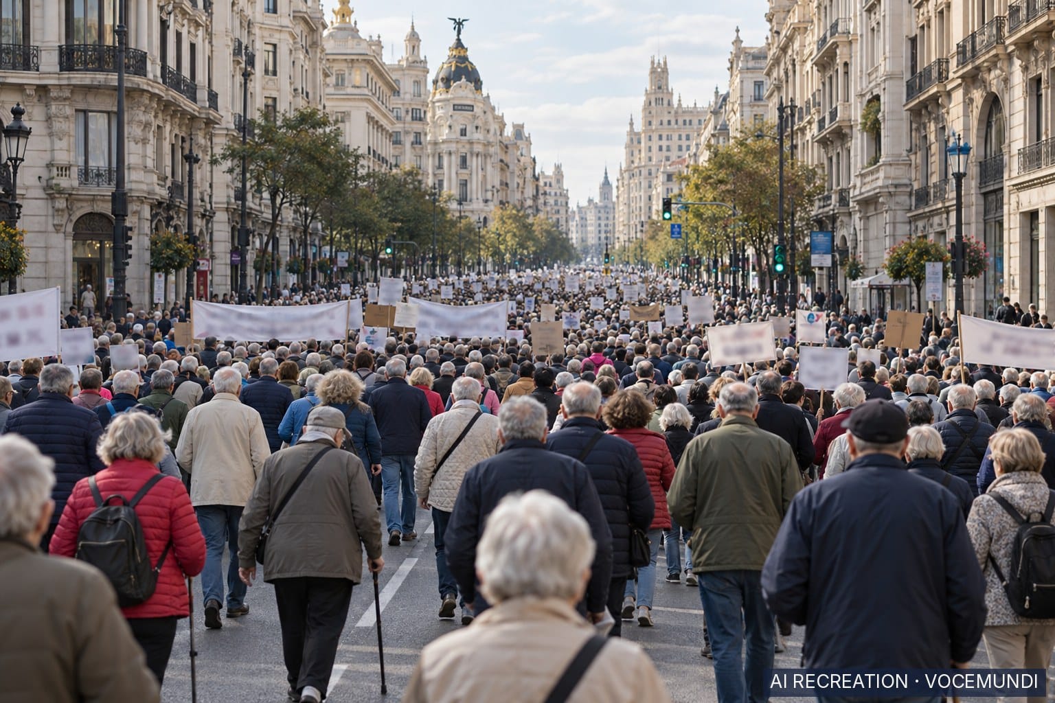 AI recreation: thousands march along a central Madrid boulevard demanding protection of inflation-linked state pensions.