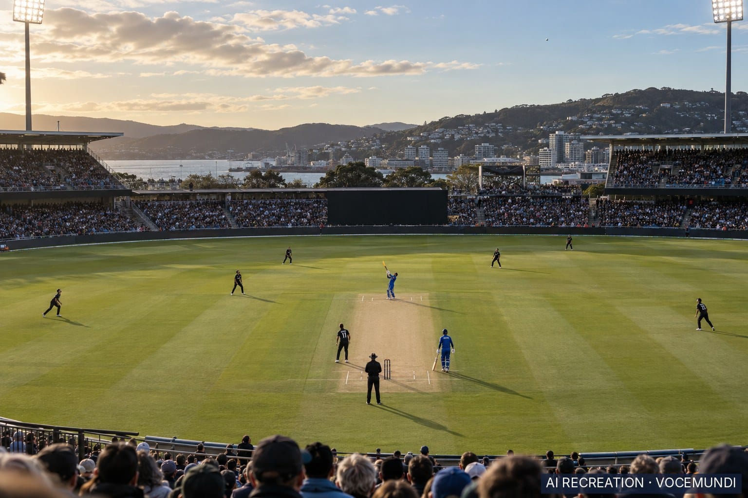 AI recreation: an Indian batter hits a six during the rapid T20 chase against New Zealand in Wellington.