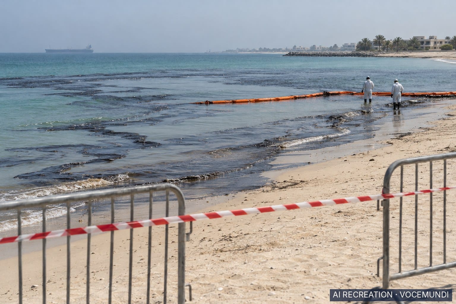 AI recreation: Oil slick nearing a closed beach in Umm Al Quwain, UAE, as workers deploy containment booms.