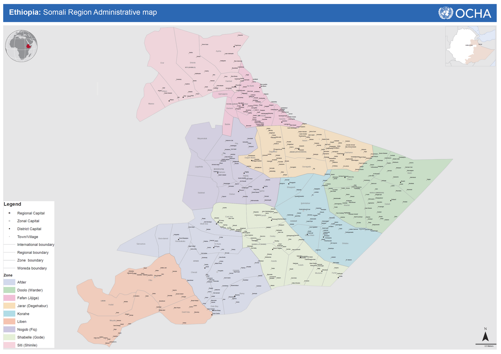 Karte der äthiopischen Region Somali, die an Oromia und Kenia grenzt
