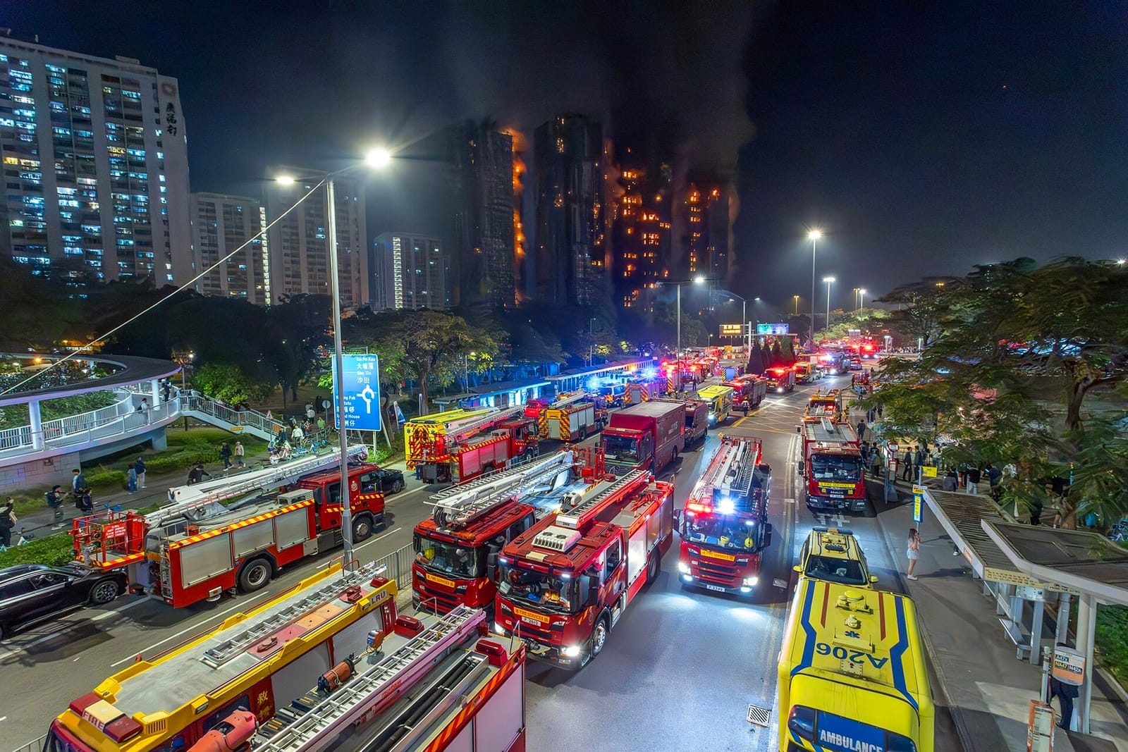 Fire engines and ambulances at the Wang Fuk Court fire in Tai Po
