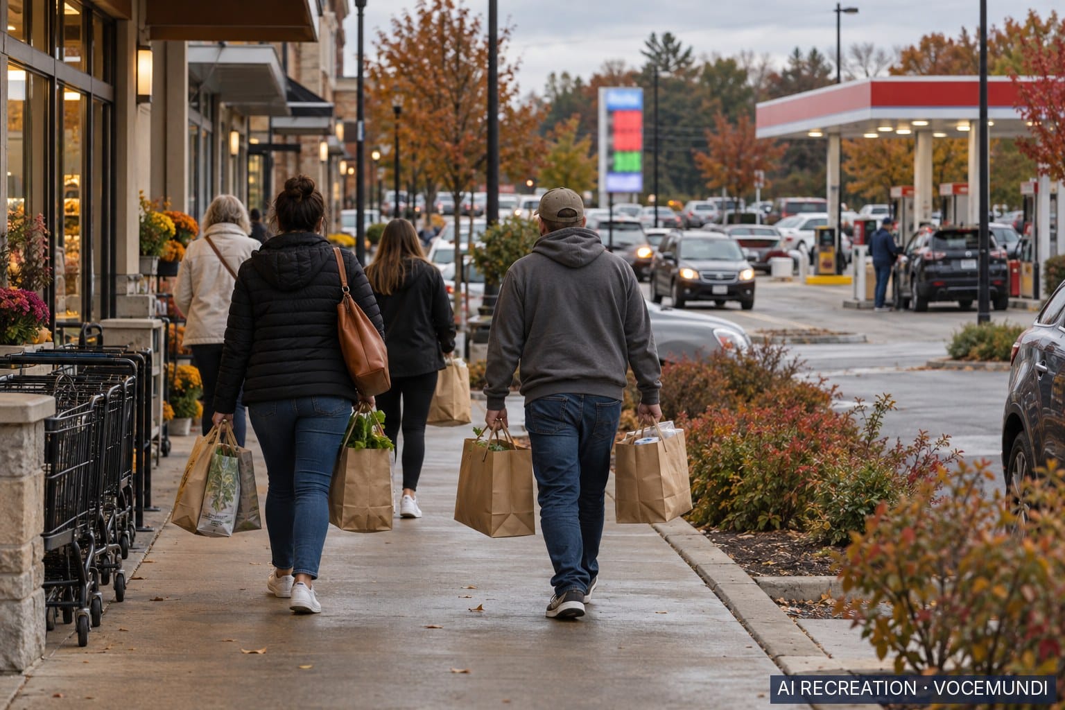 AI recreation: Shoppers carry bags past stores as a driver refuels at a nearby gas station.
